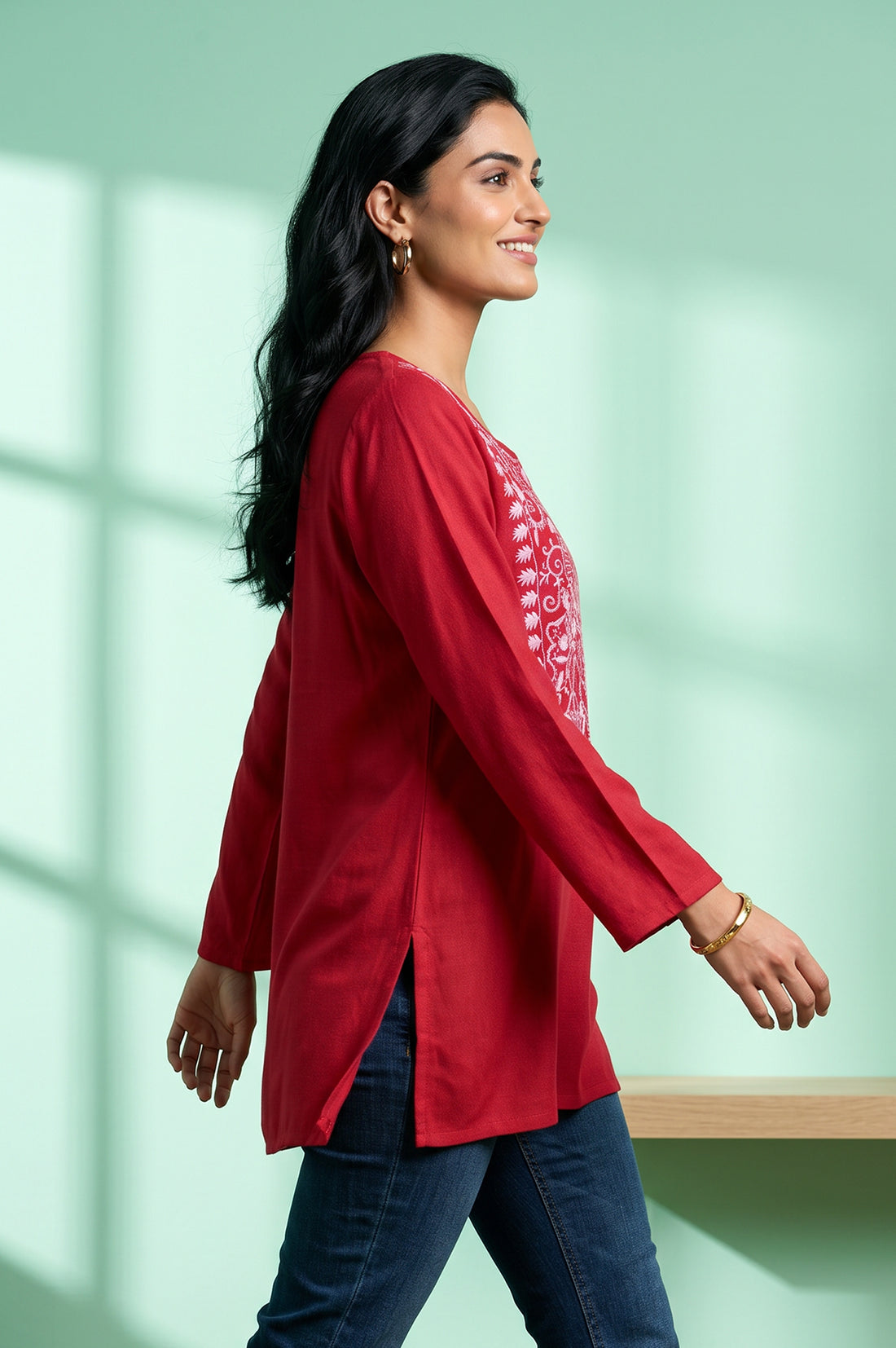 Red Embroidered Acrylic Straight Winter Top