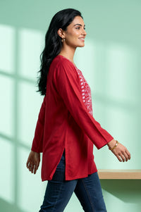 Red Embroidered Acrylic Straight Winter Top