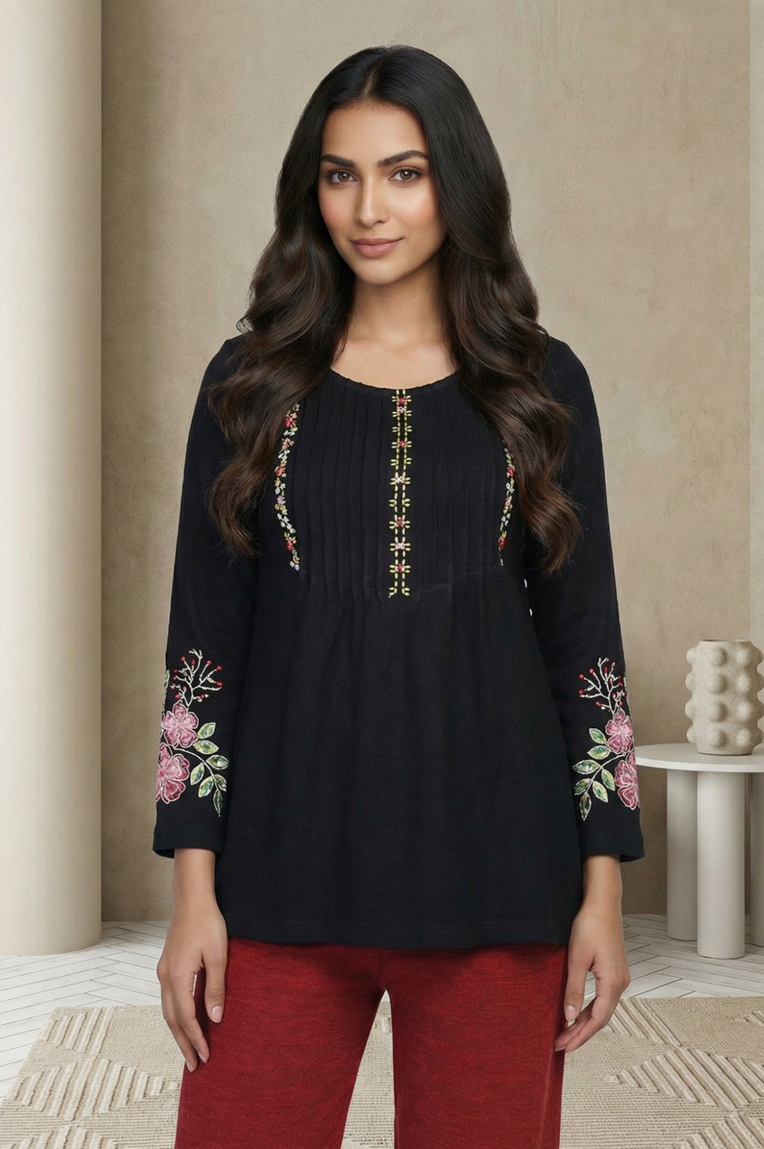 Black Floral Embroidered Acrylic Flared Top for Winter