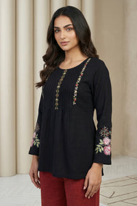 Black Floral Embroidered Acrylic Flared Top for Winter