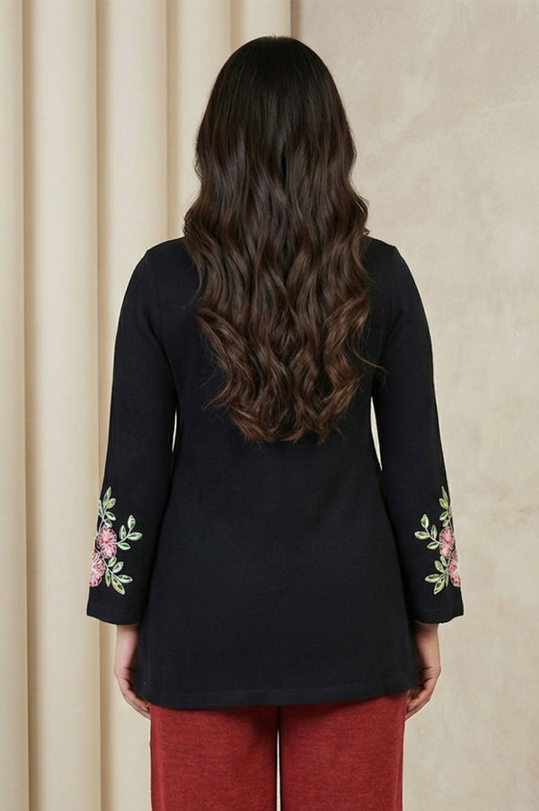 Black Floral Embroidered Acrylic Flared Top for Winter
