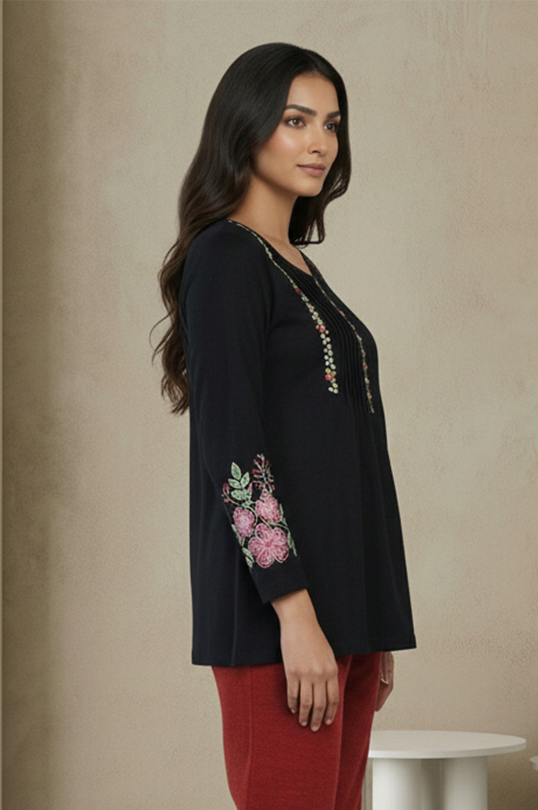 Black Floral Embroidered Acrylic Flared Top for Winter