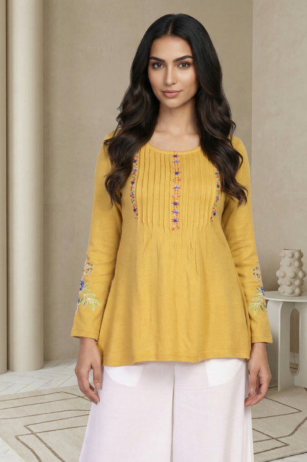 Mustard Floral Embroidered Acrylic Flared Top for Winter