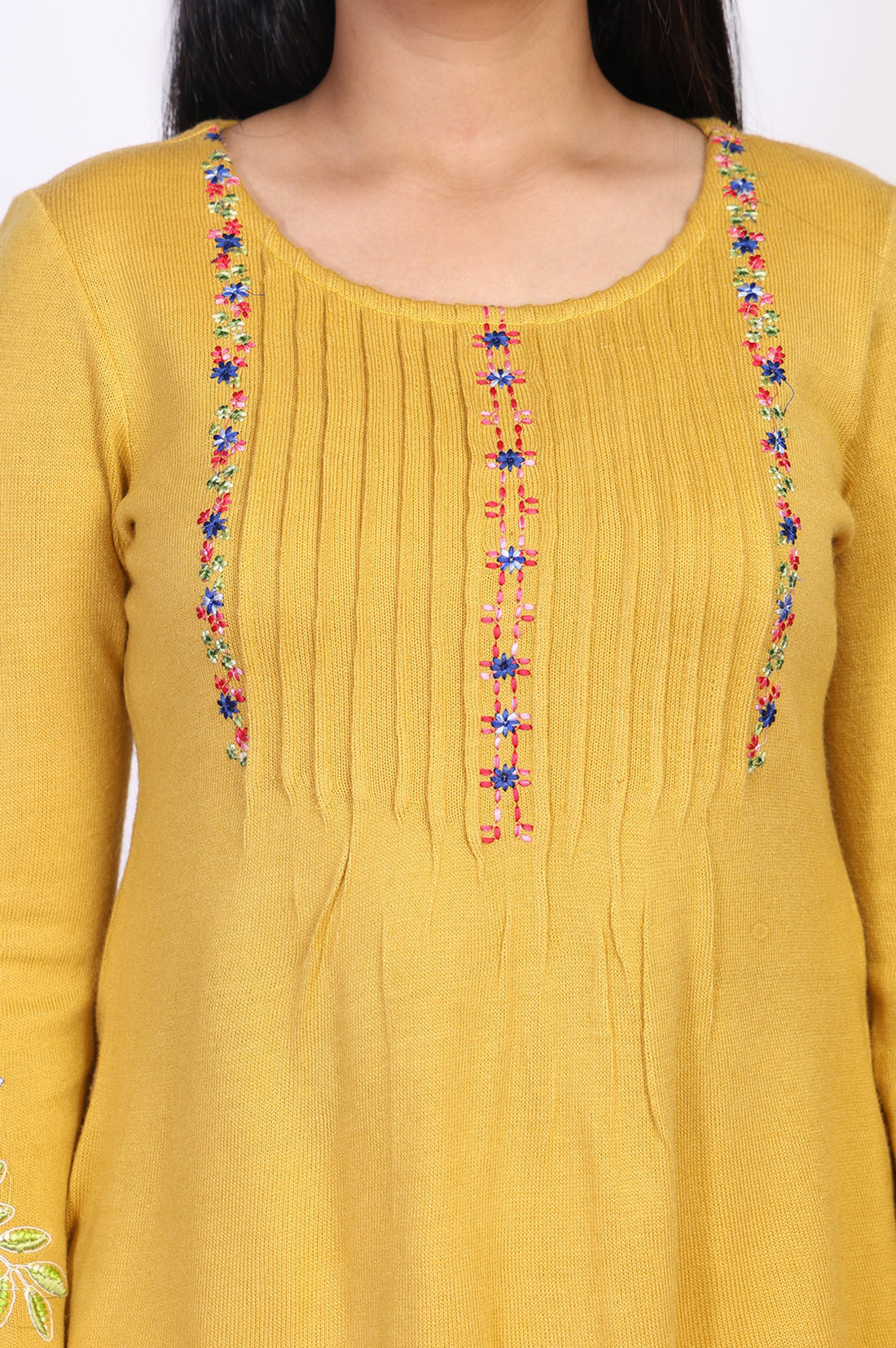 Mustard Floral Embroidered Acrylic Flared Top for Winter