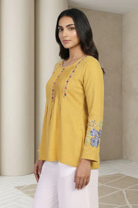 Mustard Floral Embroidered Acrylic Flared Top for Winter