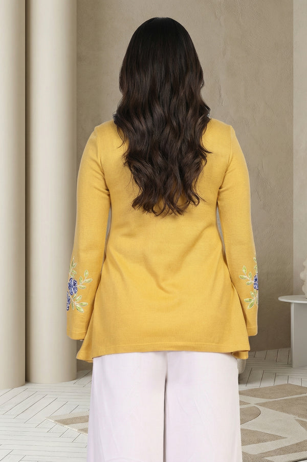 Mustard Floral Embroidered Acrylic Flared Top for Winter
