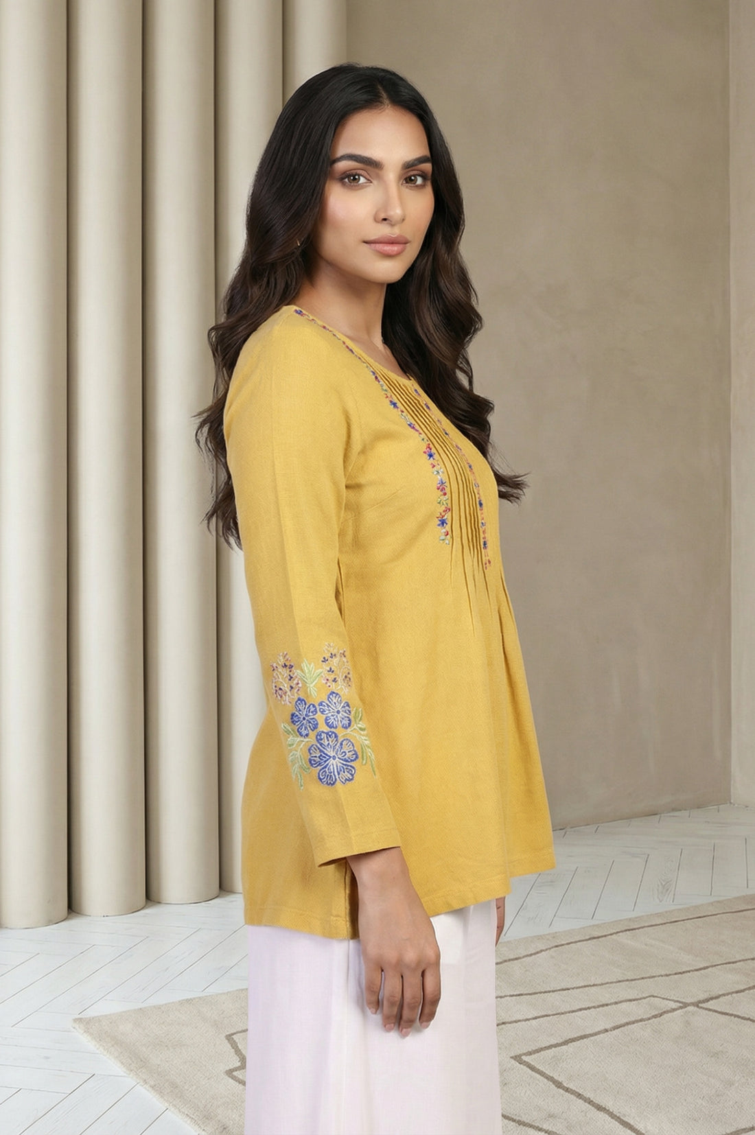 Mustard Floral Embroidered Acrylic Flared Top for Winter