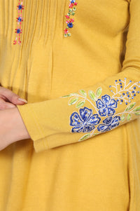 Mustard Floral Embroidered Acrylic Flared Top for Winter