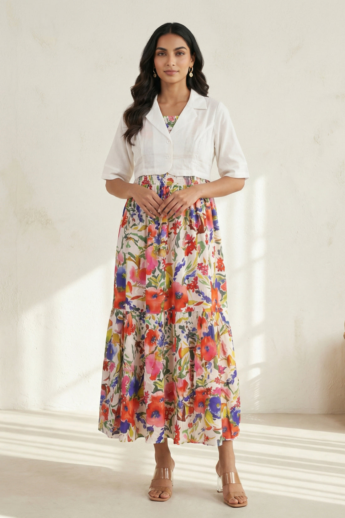 White Solid Rayon Straight Cropped Jacket