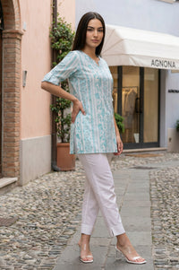 Teal Floral Printed Buttons Pure Cotton Straight Kurti