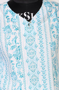 Teal Floral Printed Buttons Pure Cotton Straight Kurti