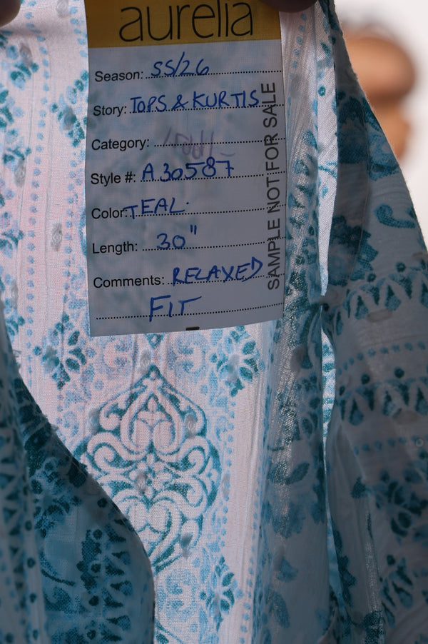 Teal Floral Printed Buttons Pure Cotton Straight Kurti