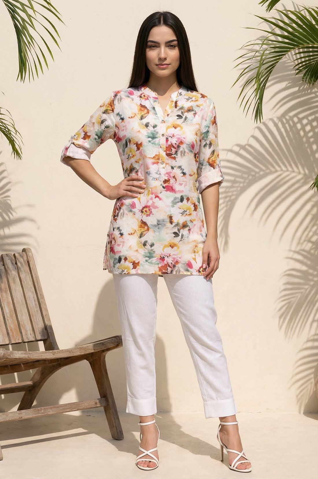 Multicolor Floral Printed Buttons Straight Kurti