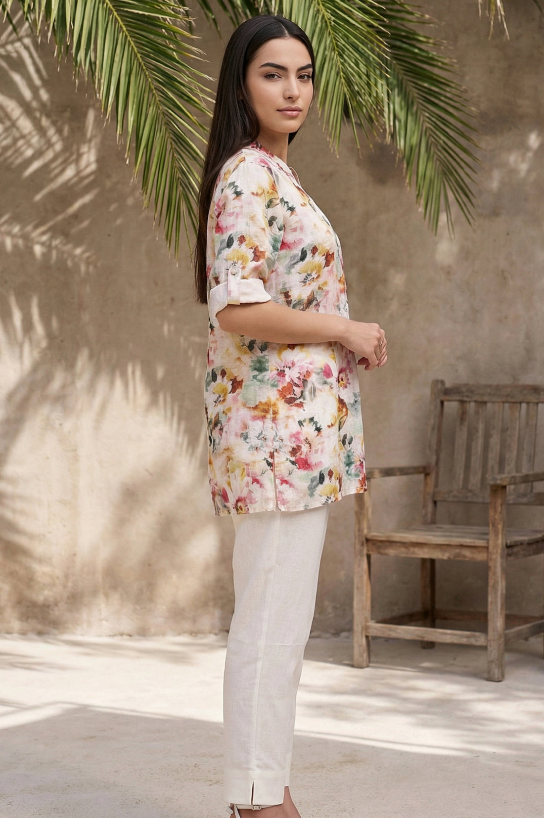 Multicolor Floral Printed Buttons Straight Kurti