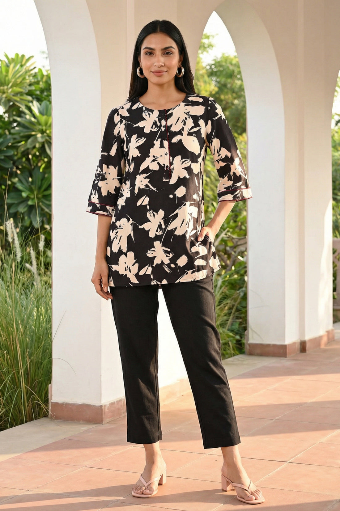 Black Floral Printed Rayon Straight Kurti