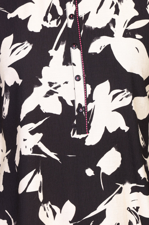 Black Floral Printed Rayon Straight Kurti