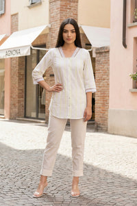Off White Striped Lace Pure Cotton Straight Kurti
