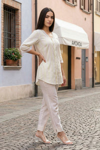 Off White Striped Lace Pure Cotton Straight Kurti