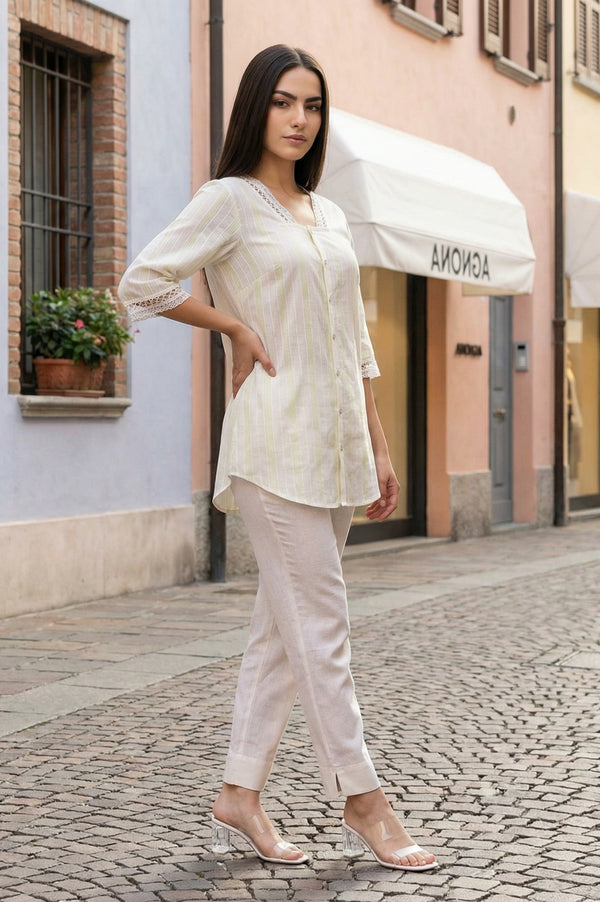 Off White Striped Lace Pure Cotton Straight Kurti