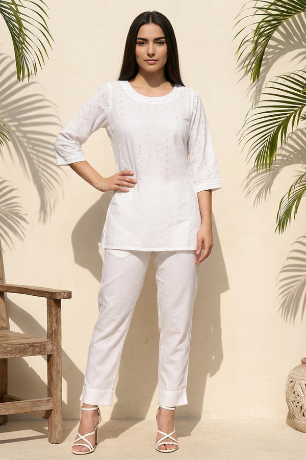 White Schiffli Pure Cotton Straight Top