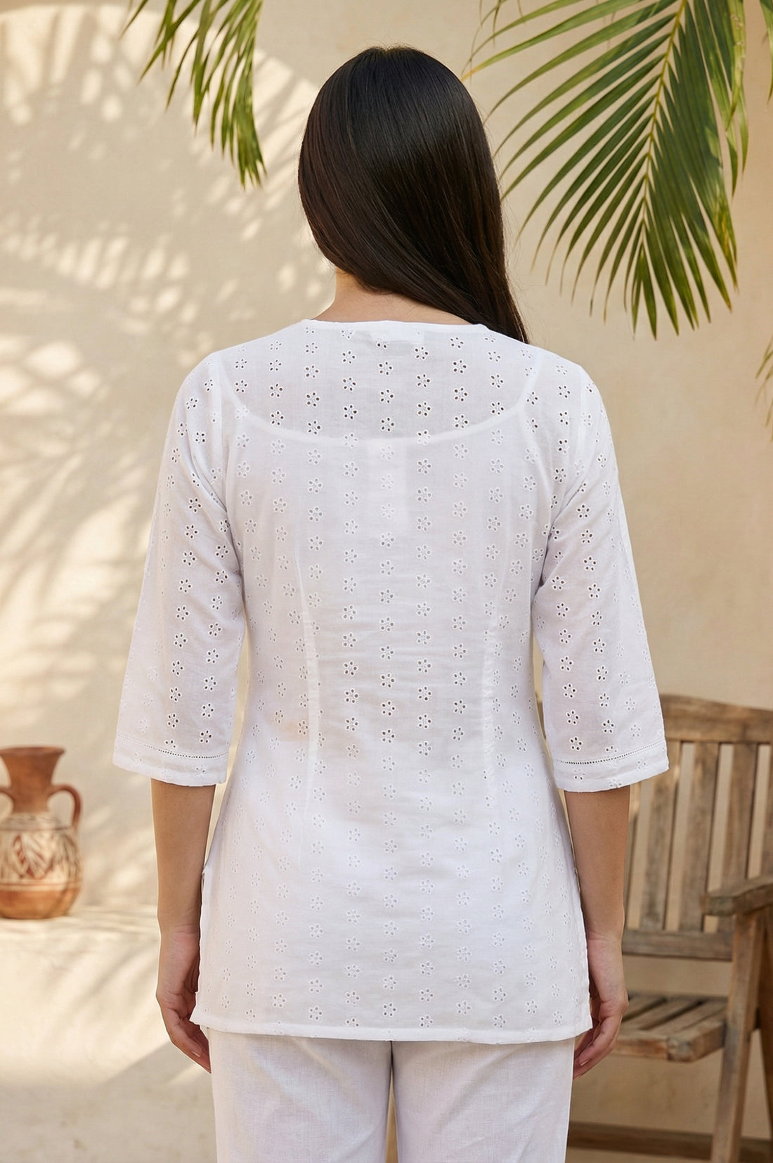White Schiffli Pure Cotton Straight Top
