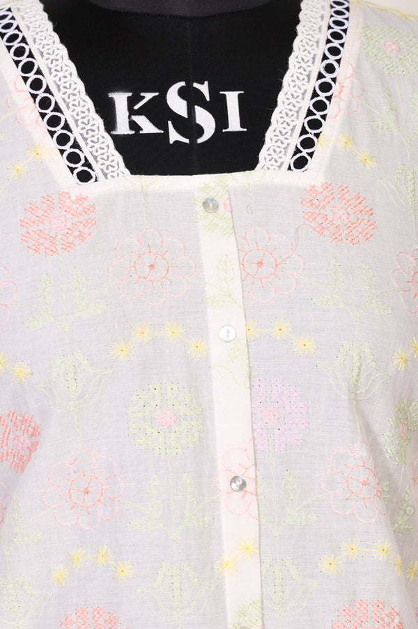 Off White Thread Embroidered Pure Cotton Straight Kurti