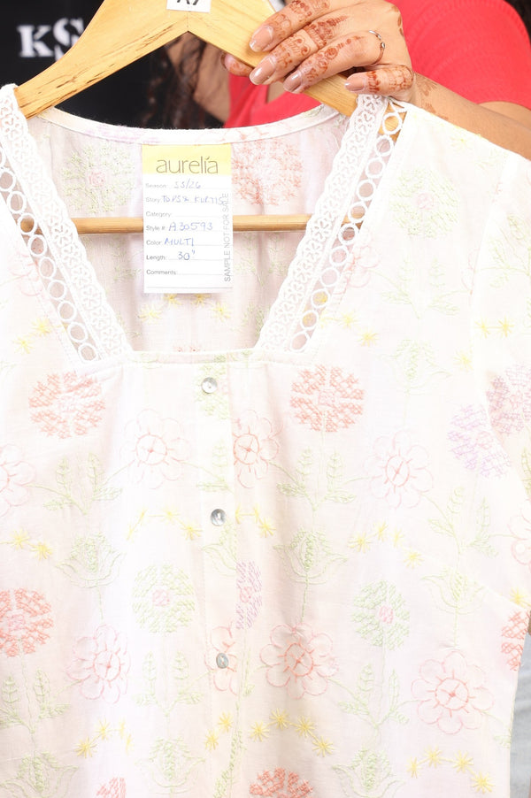 Off White Thread Embroidered Pure Cotton Straight Kurti