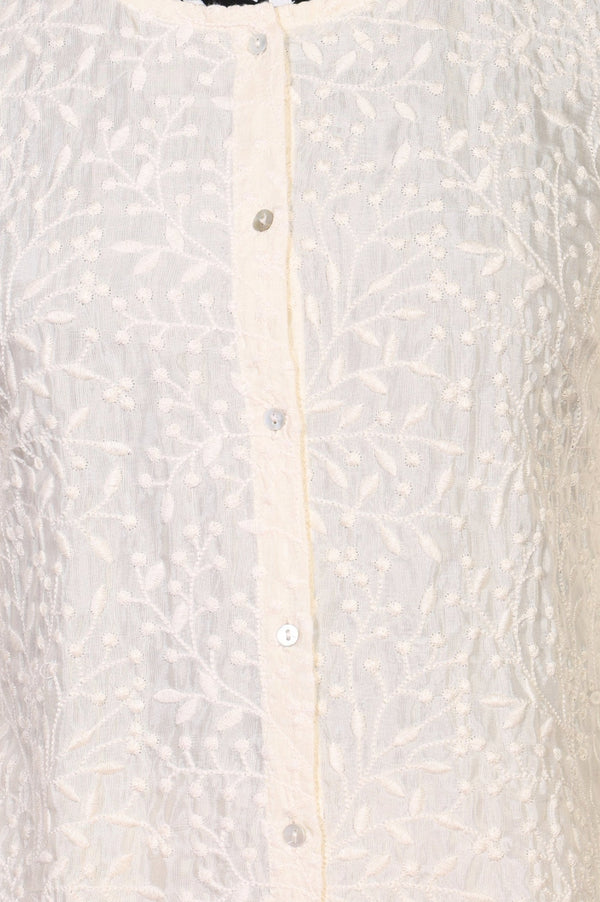 Off White Thread Embroidered Shantung Straight Top