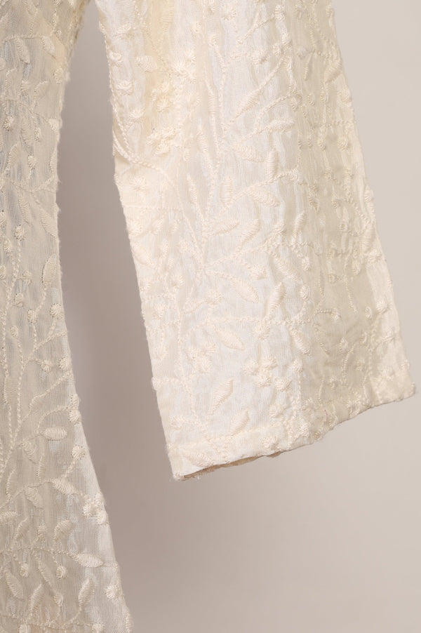 Off White Thread Embroidered Shantung Straight Top