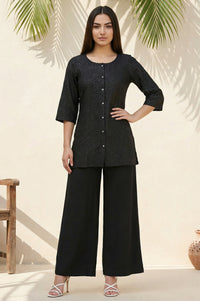 Black Thread Embroidered Shantung Straight Kurti
