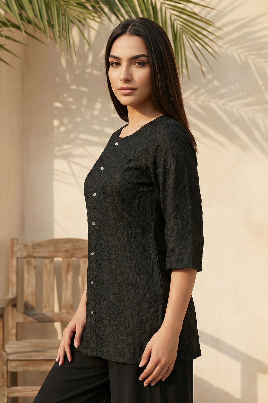 Black Thread Embroidered Shantung Straight Kurti