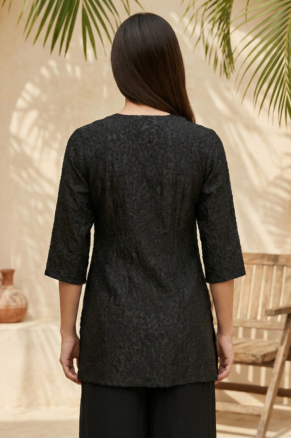 Black Thread Embroidered Shantung Straight Kurti