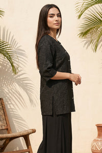 Black Thread Embroidered Shantung Straight Kurti