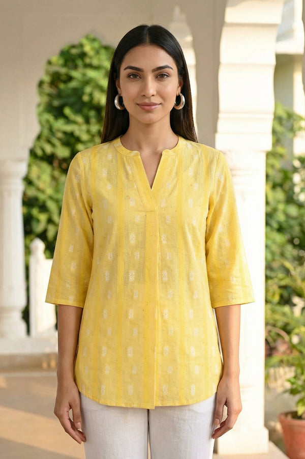Yellow Yarn Dyed Cotton Blend Straight Top