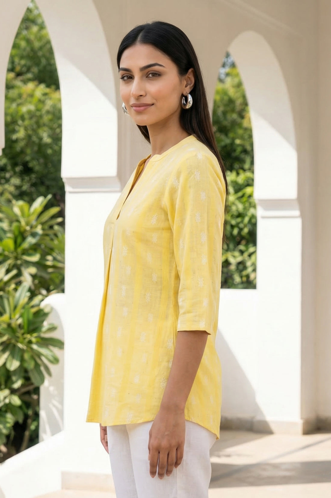 Yellow Yarn Dyed Cotton Blend Straight Top
