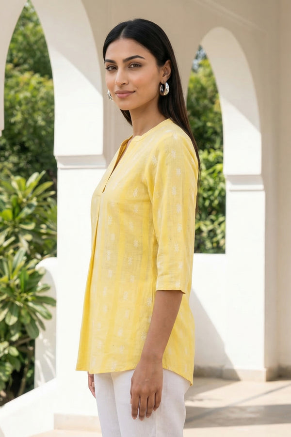 Yellow Yarn Dyed Cotton Blend Straight Top