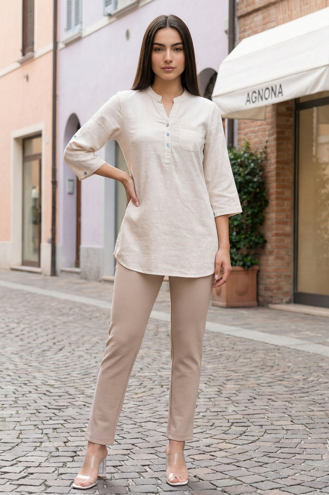 Beige Solid Buttons Straight Kurti