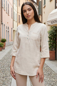 Beige Solid Buttons Straight Kurti