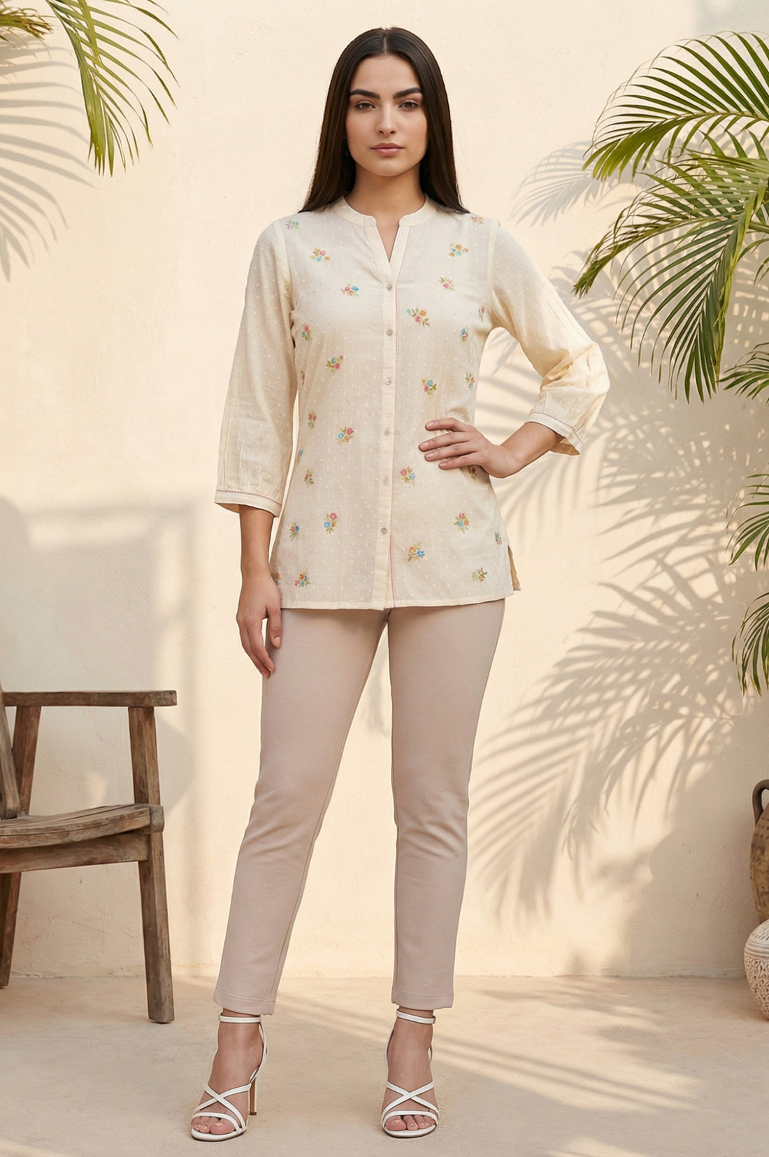 Beige Thread Embroidered Pure Cotton Straight Kurti