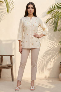 Beige Thread Embroidered Pure Cotton Straight Kurti