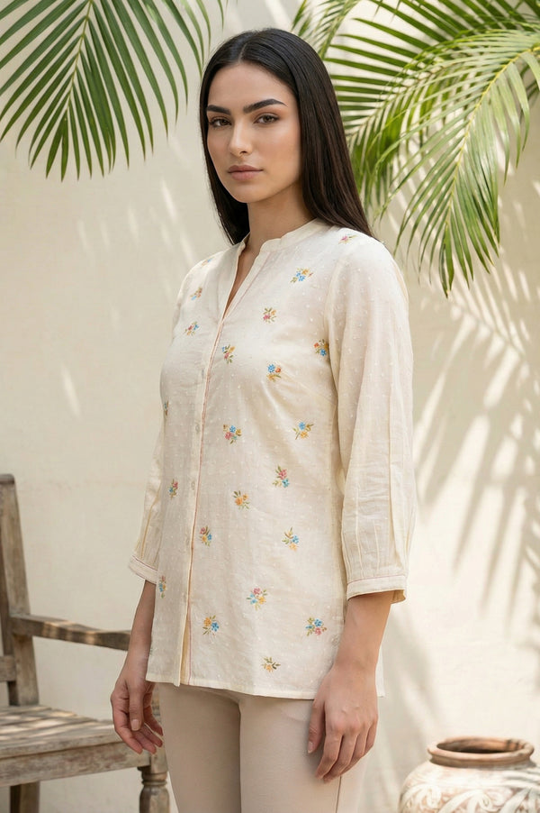 Beige Thread Embroidered Pure Cotton Straight Kurti
