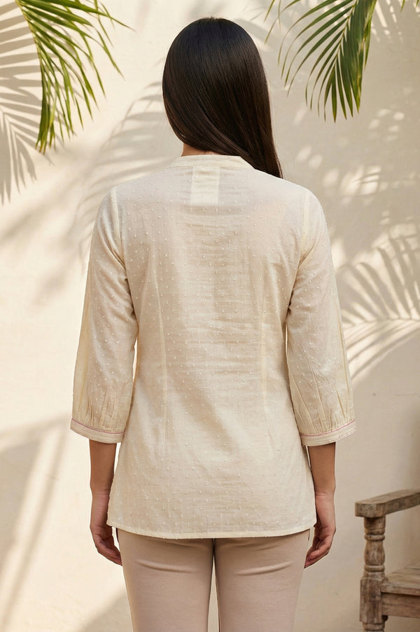 Beige Thread Embroidered Pure Cotton Straight Kurti