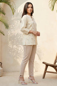 Beige Thread Embroidered Pure Cotton Straight Kurti