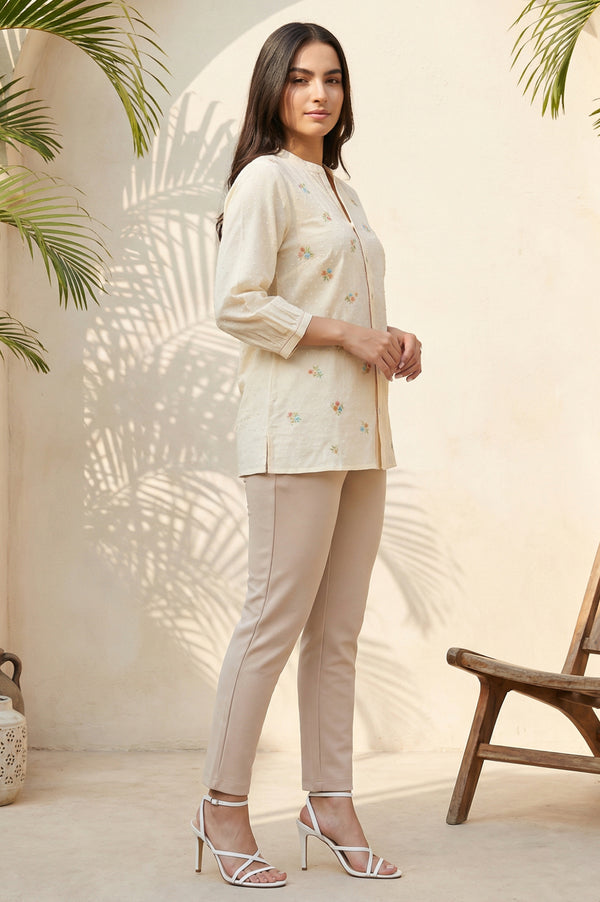 Beige Thread Embroidered Pure Cotton Straight Kurti