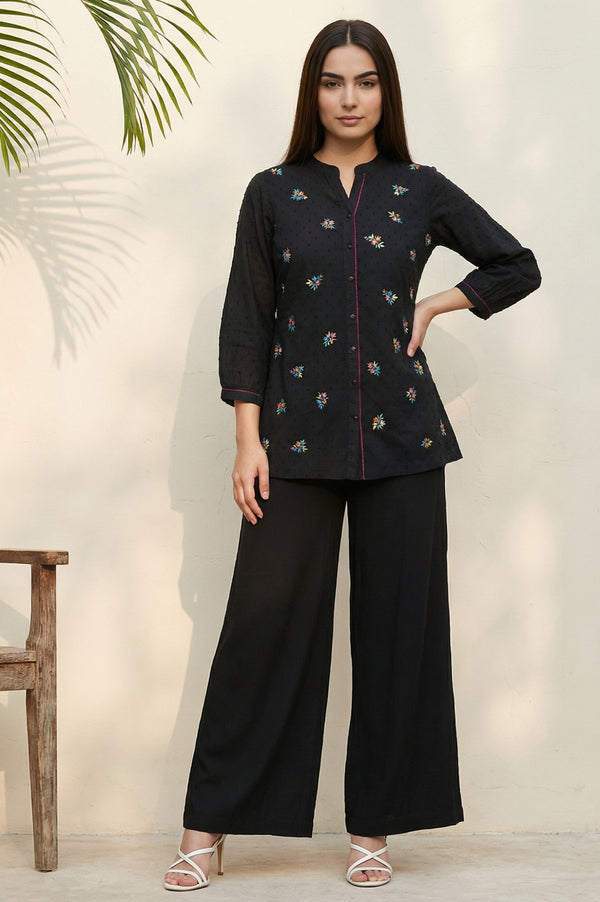 Black Thread Embroidered Pure Cotton Straight Kurti