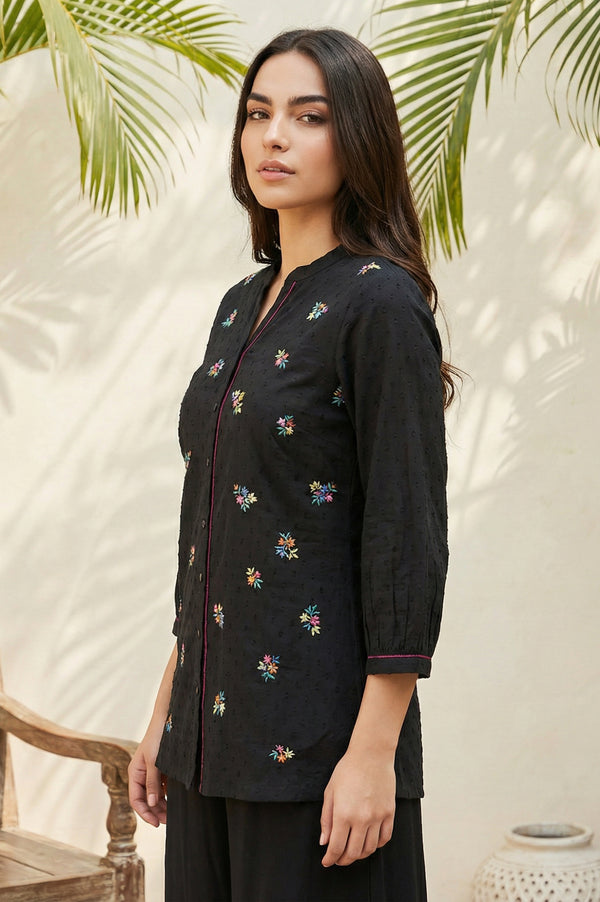 Black Thread Embroidered Pure Cotton Straight Kurti