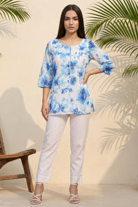 White Floral Printed Tassel Tassels Organza Straight Kurti
