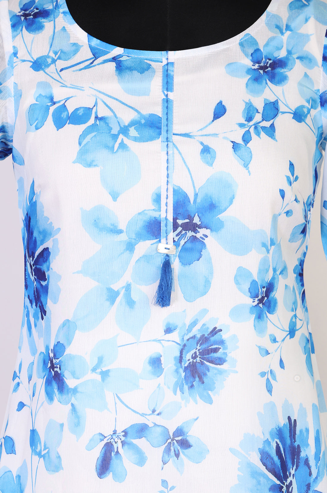 White Floral Printed Tassel Tassels Organza Straight Kurti