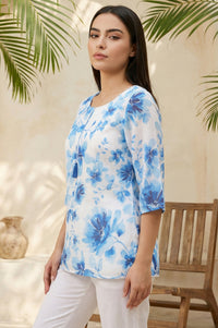 White Floral Printed Tassel Tassels Organza Straight Kurti
