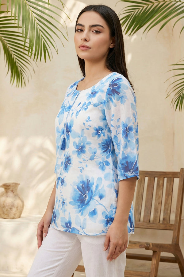 White Floral Printed Tassel Tassels Organza Straight Kurti